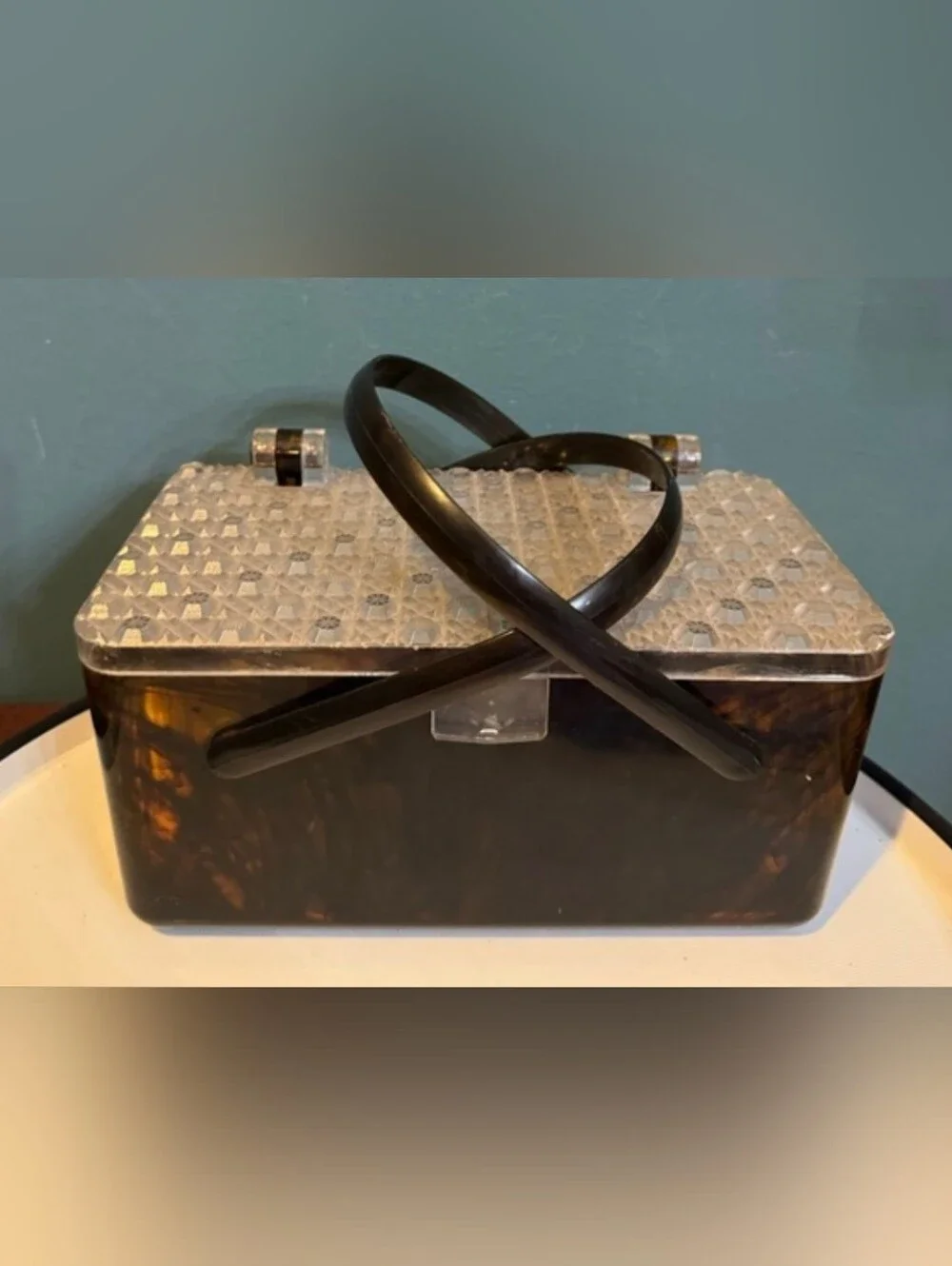 Vintage Lucite Merle Norman Tortoiseshell Box Purse with Clear Beaded Lid